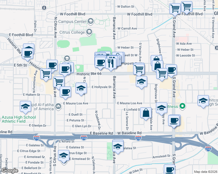 map of restaurants, bars, coffee shops, grocery stores, and more near 6250 North Traymore Avenue in Azusa
