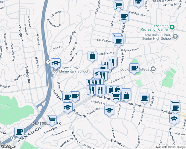 map of restaurants, bars, coffee shops, grocery stores, and more near 4460 Ellenwood Drive in Los Angeles