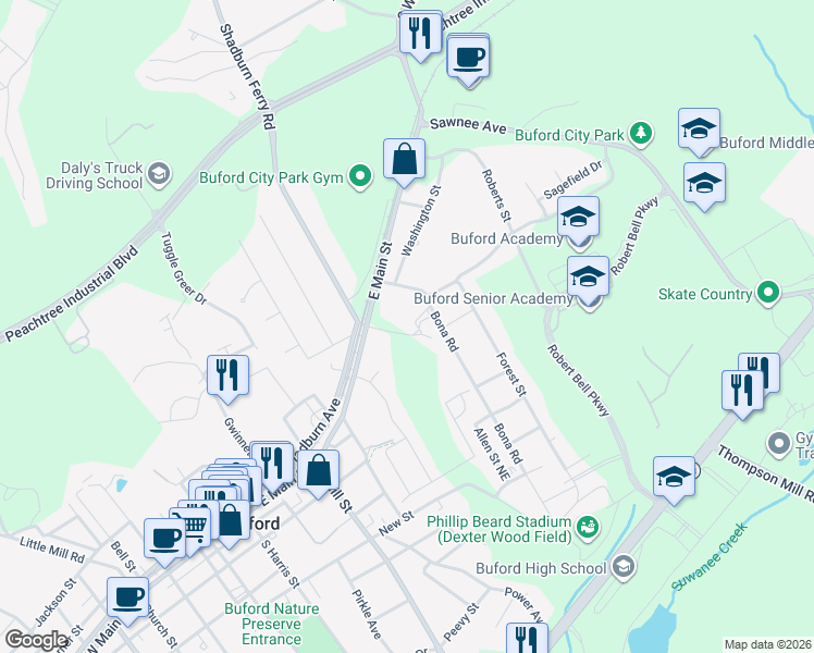 map of restaurants, bars, coffee shops, grocery stores, and more near 100 Wiley Drive in Buford