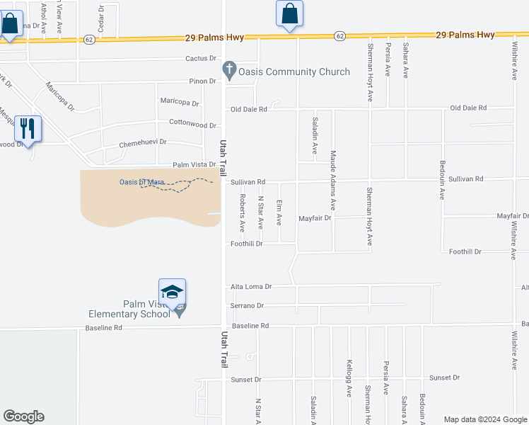 map of restaurants, bars, coffee shops, grocery stores, and more near 6989 North Star Avenue in Twentynine Palms