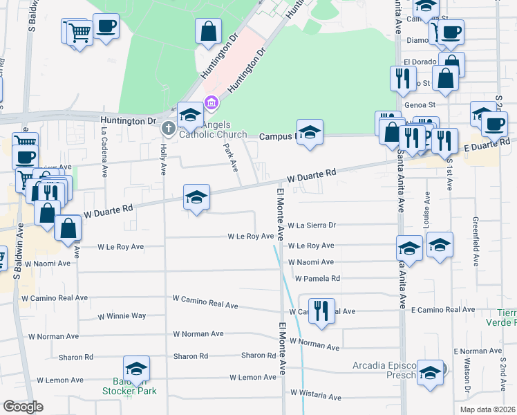 map of restaurants, bars, coffee shops, grocery stores, and more near 1203 El Monte Avenue in Arcadia