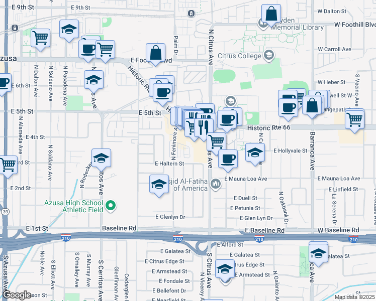 map of restaurants, bars, coffee shops, grocery stores, and more near 852 East Fielding Street in Azusa