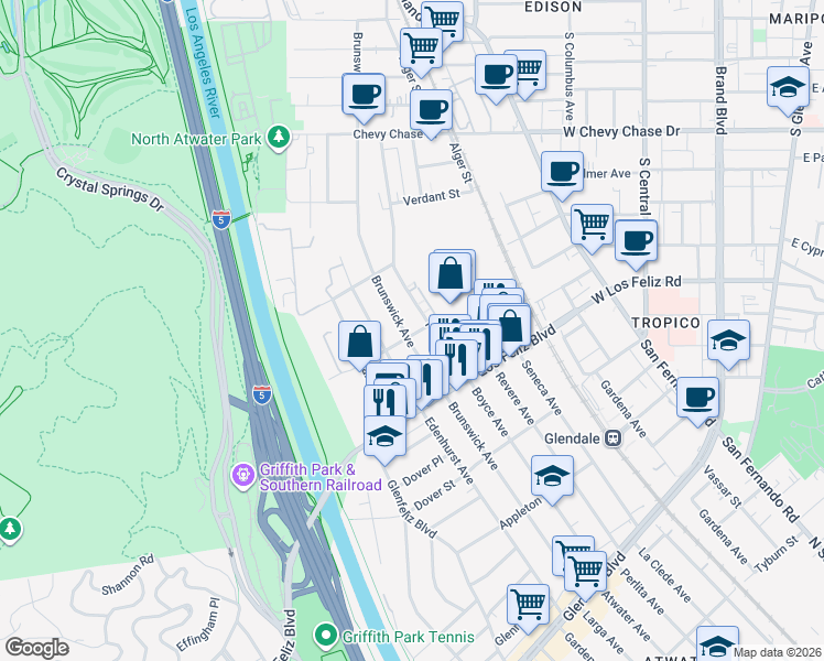 map of restaurants, bars, coffee shops, grocery stores, and more near 4101 Brunswick Avenue in Los Angeles