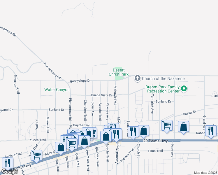 map of restaurants, bars, coffee shops, grocery stores, and more near 6959 Pawnee Avenue in Yucca Valley