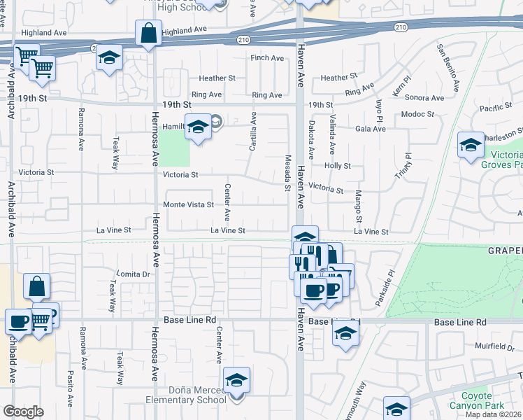 map of restaurants, bars, coffee shops, grocery stores, and more near 10399 Monte Vista Street in Rancho Cucamonga
