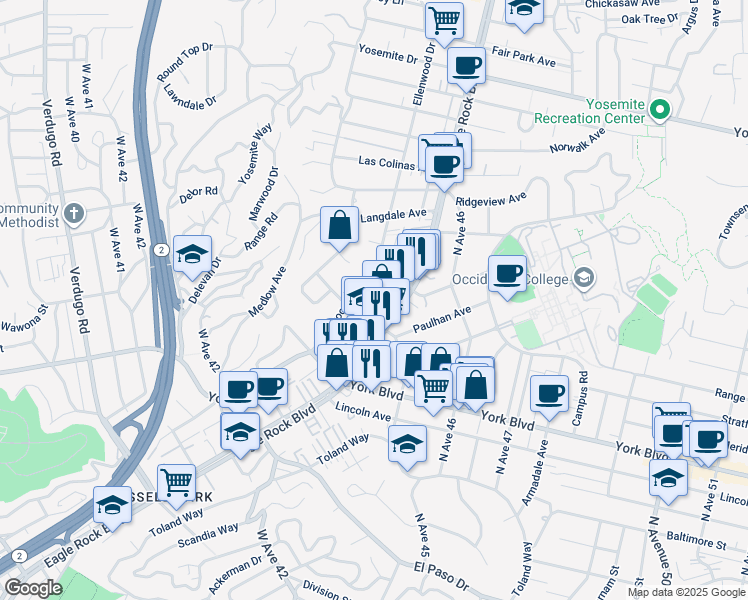 map of restaurants, bars, coffee shops, grocery stores, and more near 4515 Ayla Lane in Los Angeles