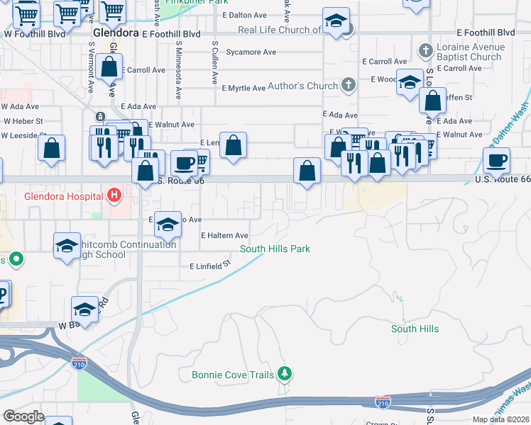 map of restaurants, bars, coffee shops, grocery stores, and more near 656 Lemar Park Drive in Glendora