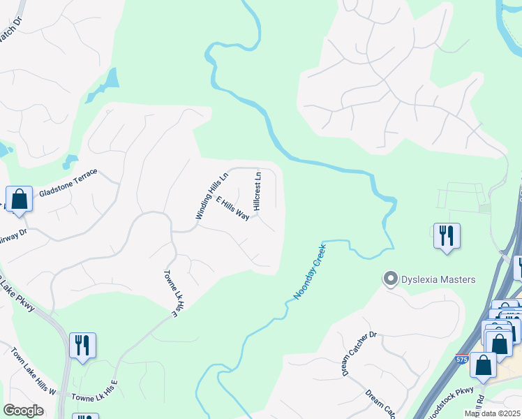 map of restaurants, bars, coffee shops, grocery stores, and more near 815 Hillcrest Lane in Woodstock