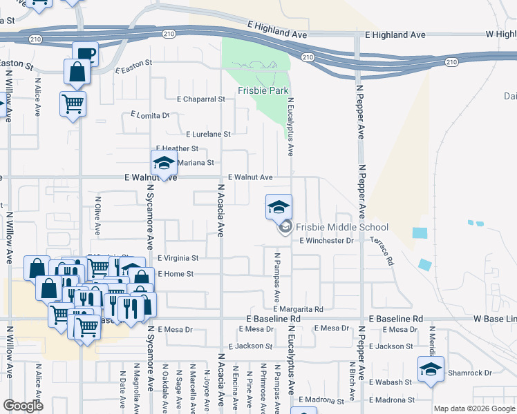 map of restaurants, bars, coffee shops, grocery stores, and more near 571 East Scott Street in Rialto