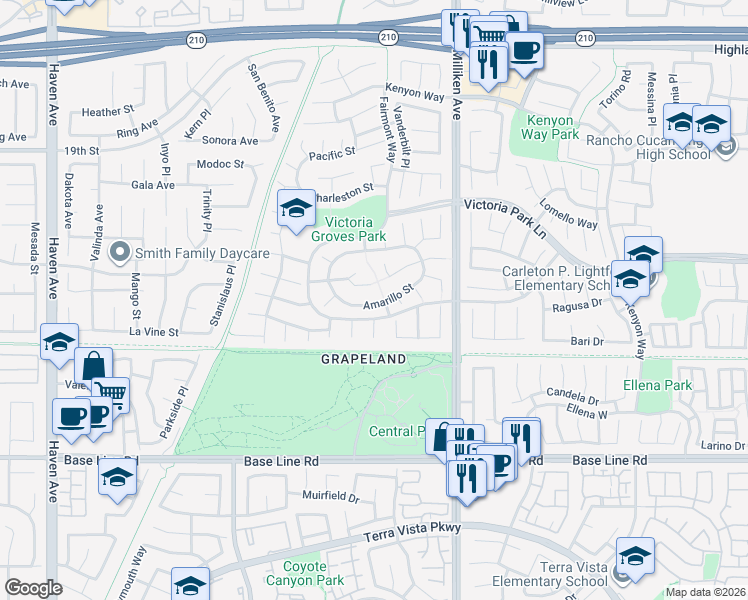map of restaurants, bars, coffee shops, grocery stores, and more near 11123 Amarillo Street in Rancho Cucamonga
