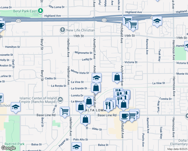 map of restaurants, bars, coffee shops, grocery stores, and more near 7034 Amethyst Avenue in Rancho Cucamonga