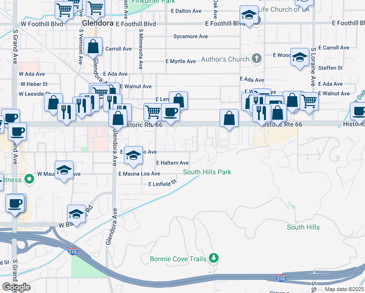 map of restaurants, bars, coffee shops, grocery stores, and more near 502 East Colorado Avenue in Glendora