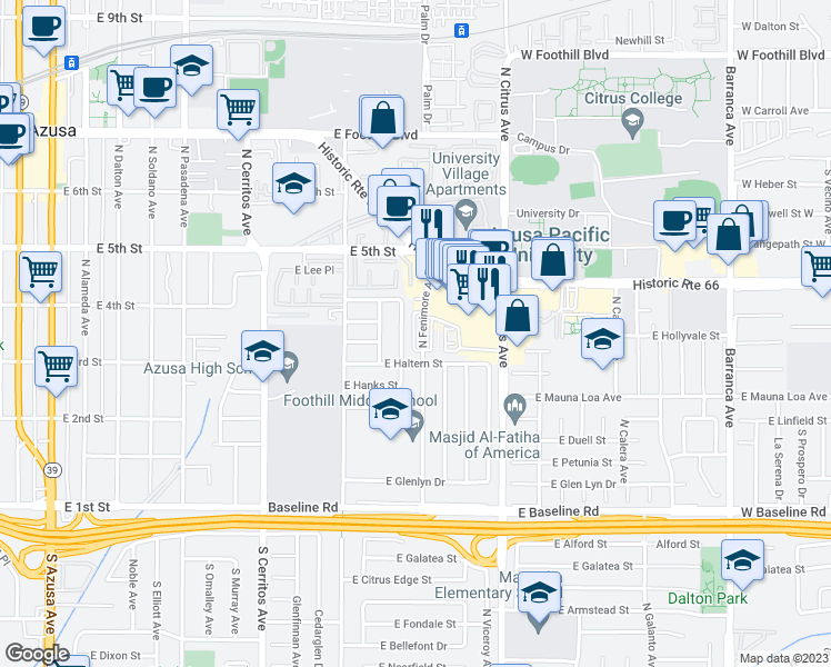 map of restaurants, bars, coffee shops, grocery stores, and more near 302 North Twintree Avenue in Azusa