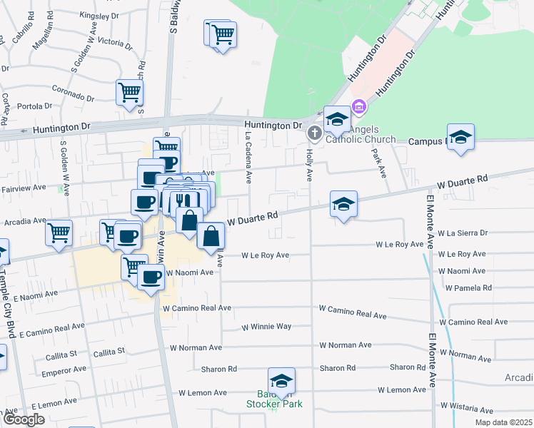 map of restaurants, bars, coffee shops, grocery stores, and more near 456 West Duarte Road in Arcadia