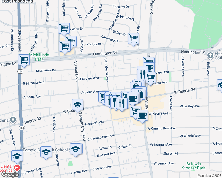 map of restaurants, bars, coffee shops, grocery stores, and more near 1105 Golden West Avenue in Arcadia