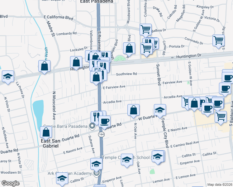 map of restaurants, bars, coffee shops, grocery stores, and more near 9051 East Arcadia Avenue in San Gabriel