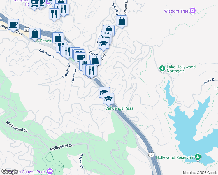 map of restaurants, bars, coffee shops, grocery stores, and more near 3023 1/2 Hollycrest Drive in Los Angeles