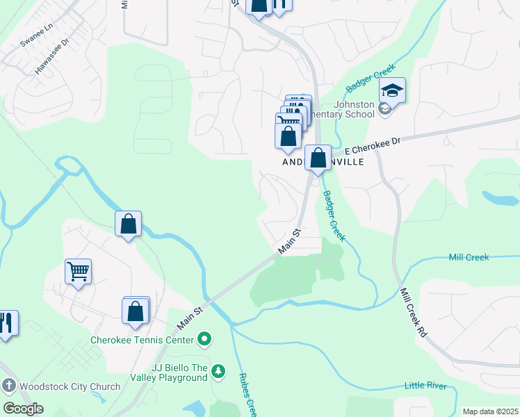 map of restaurants, bars, coffee shops, grocery stores, and more near 5450 Edmondson Lane in Woodstock