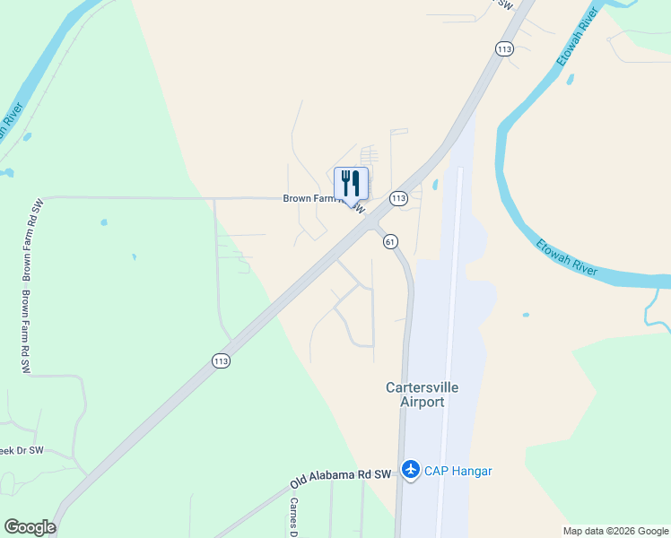 map of restaurants, bars, coffee shops, grocery stores, and more near 10 Shagbark Drive Southwest in Cartersville