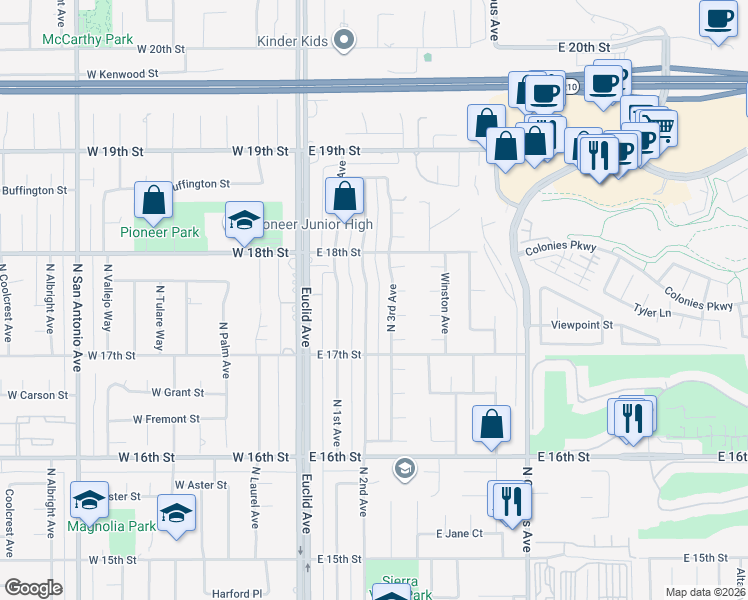 map of restaurants, bars, coffee shops, grocery stores, and more near 1754 North 2nd Avenue in Upland