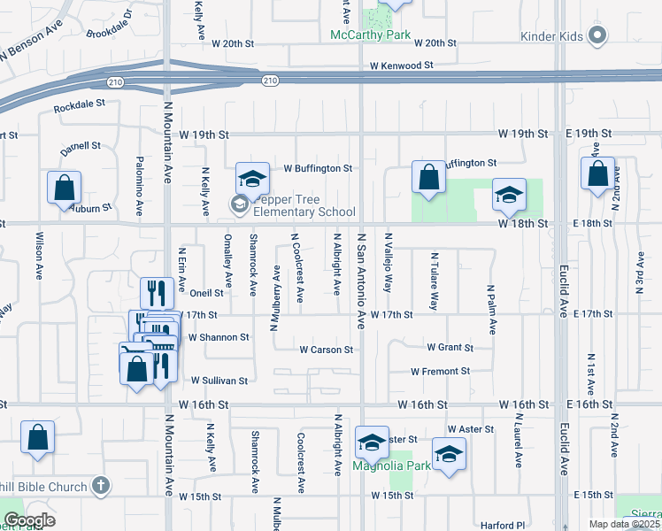 map of restaurants, bars, coffee shops, grocery stores, and more near 1753 North Albright Avenue in Upland
