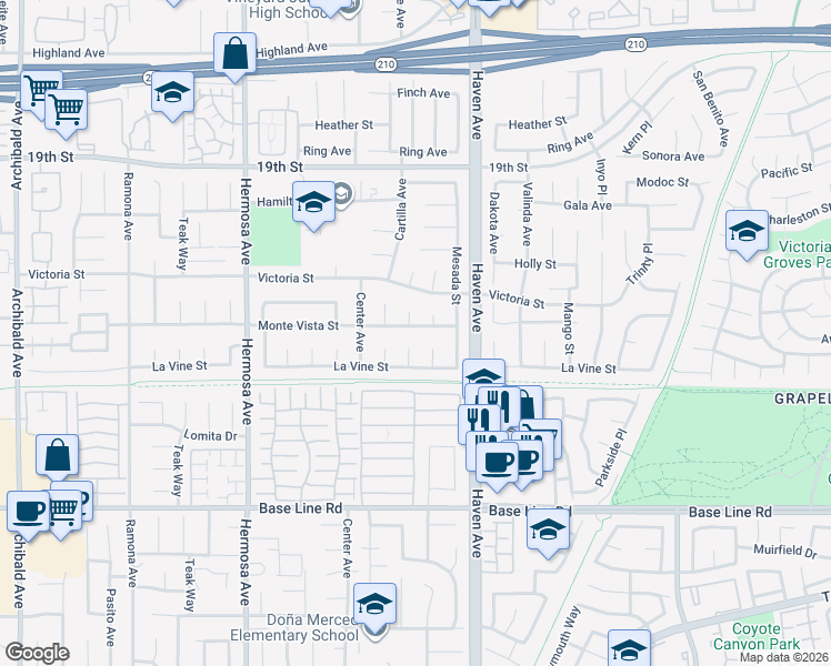 map of restaurants, bars, coffee shops, grocery stores, and more near 10399 Monte Vista Street in Rancho Cucamonga
