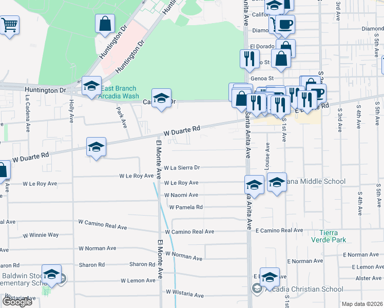 map of restaurants, bars, coffee shops, grocery stores, and more near 137 West La Sierra Drive in Arcadia