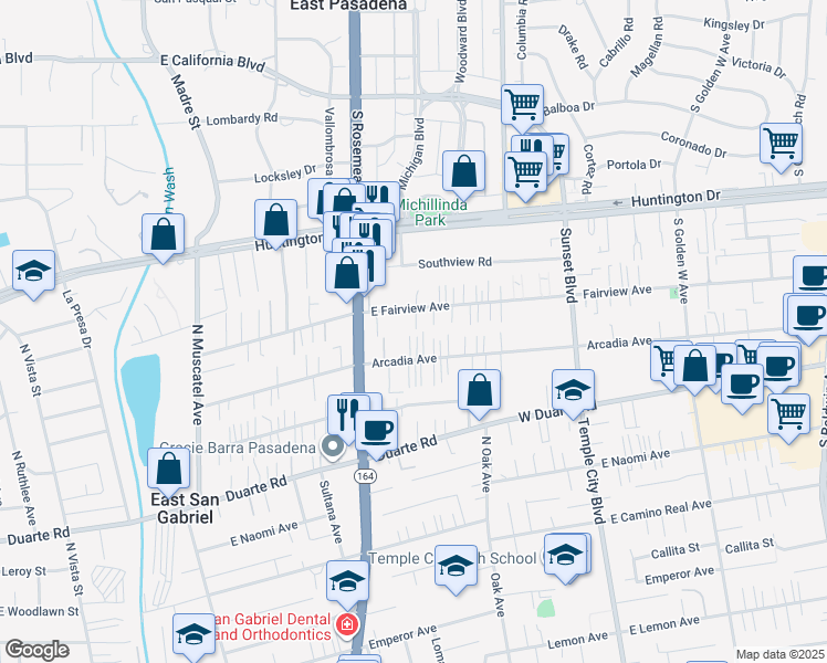 map of restaurants, bars, coffee shops, grocery stores, and more near 9051 East Arcadia Avenue in San Gabriel