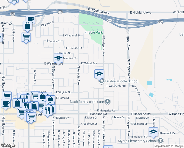 map of restaurants, bars, coffee shops, grocery stores, and more near 571 East Scott Street in Rialto