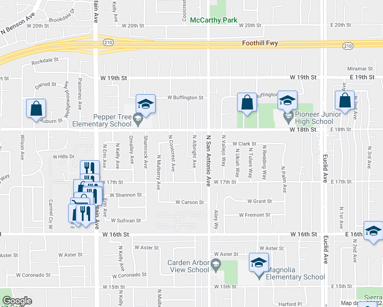 map of restaurants, bars, coffee shops, grocery stores, and more near 1753 North Albright Avenue in Upland