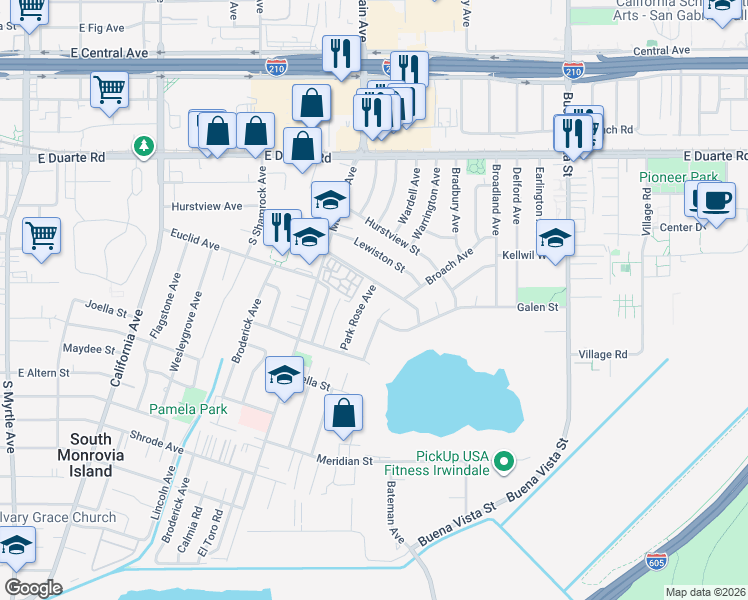 map of restaurants, bars, coffee shops, grocery stores, and more near 1966 Park Rose Avenue in Duarte