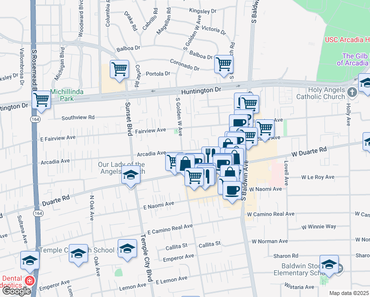 map of restaurants, bars, coffee shops, grocery stores, and more near 865 Arcadia Avenue in Arcadia