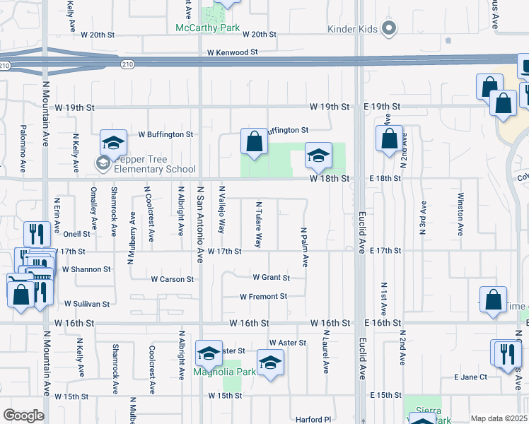 map of restaurants, bars, coffee shops, grocery stores, and more near 1754 North Tulare Way in Upland