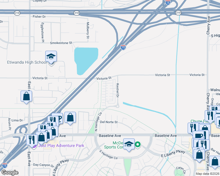 map of restaurants, bars, coffee shops, grocery stores, and more near 6972 Calla Lily Drive in Fontana