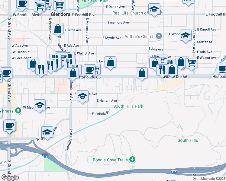 map of restaurants, bars, coffee shops, grocery stores, and more near in Glendora