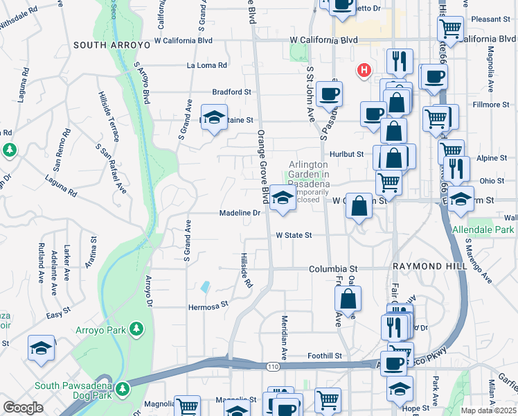 map of restaurants, bars, coffee shops, grocery stores, and more near 1095 South Orange Grove Boulevard in Pasadena