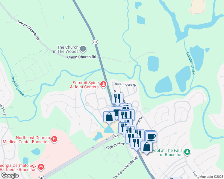 map of restaurants, bars, coffee shops, grocery stores, and more near 5723 Rivermoore Drive in Braselton