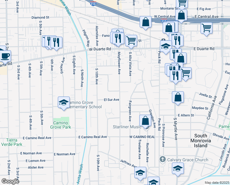 map of restaurants, bars, coffee shops, grocery stores, and more near 1217 Mayflower Avenue in Arcadia