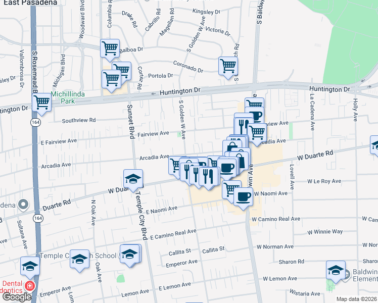 map of restaurants, bars, coffee shops, grocery stores, and more near 865 Arcadia Avenue in Arcadia