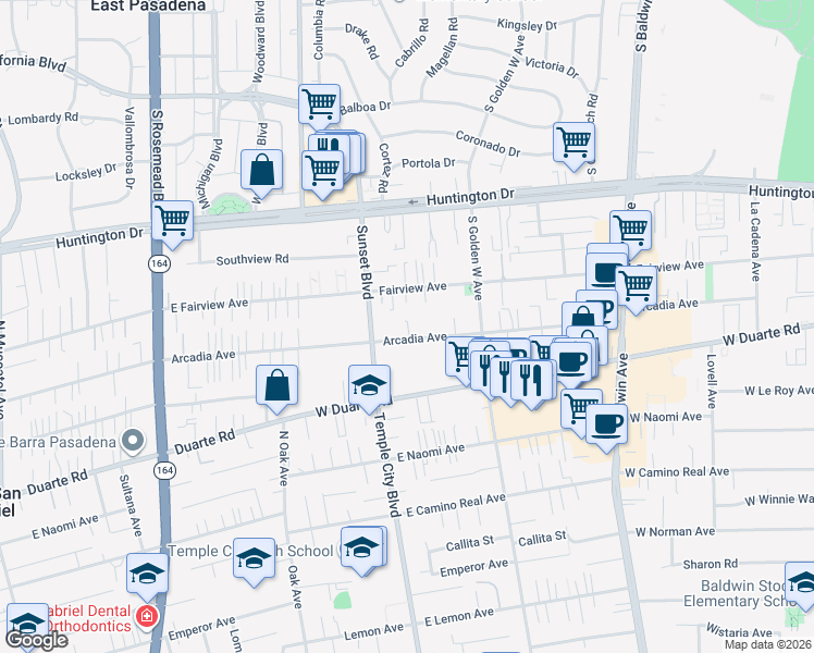 map of restaurants, bars, coffee shops, grocery stores, and more near 1015 Arcadia Avenue in Arcadia