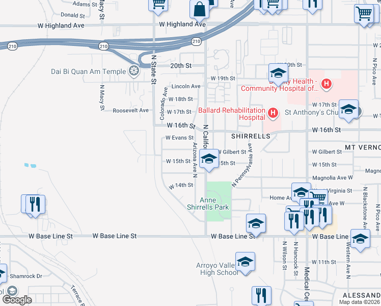 map of restaurants, bars, coffee shops, grocery stores, and more near 1949 West Gilbert Street in San Bernardino