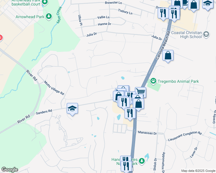 map of restaurants, bars, coffee shops, grocery stores, and more near 5818 Carolina Beach Road in Wilmington