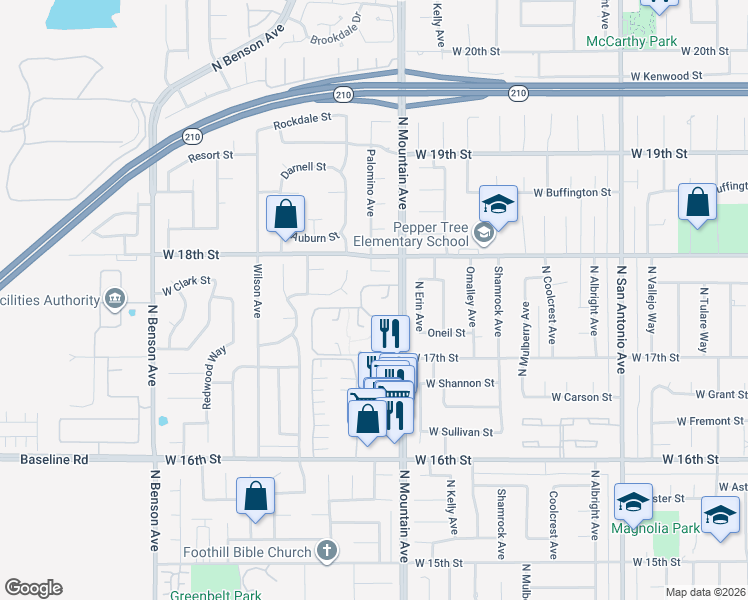 map of restaurants, bars, coffee shops, grocery stores, and more near 1238 Fairway Circle in Upland