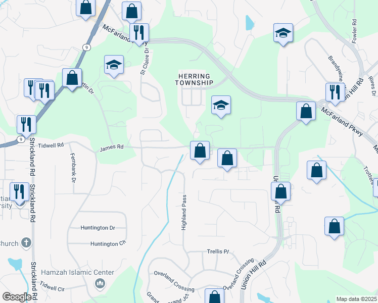 map of restaurants, bars, coffee shops, grocery stores, and more near 3046 Highland Pass in Alpharetta