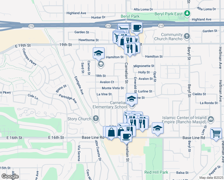 map of restaurants, bars, coffee shops, grocery stores, and more near 7041 Topaz Street in Rancho Cucamonga