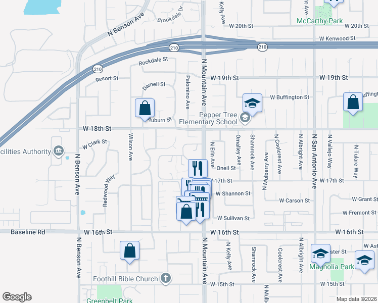 map of restaurants, bars, coffee shops, grocery stores, and more near 1238 Fairway Circle in Upland
