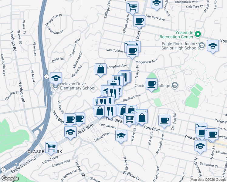 map of restaurants, bars, coffee shops, grocery stores, and more near 1610 North Avenue 45 in Los Angeles
