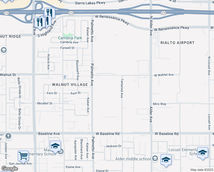 map of restaurants, bars, coffee shops, grocery stores, and more near 1590 Tamarind Avenue in Rialto