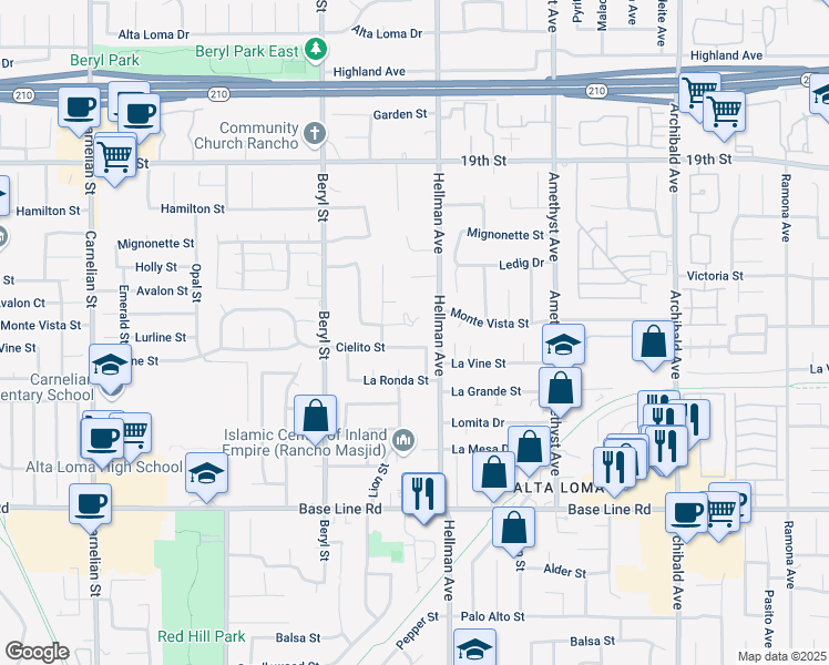 map of restaurants, bars, coffee shops, grocery stores, and more near 7025 Selma Avenue in Rancho Cucamonga