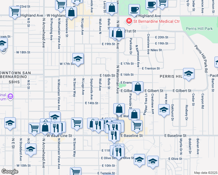 map of restaurants, bars, coffee shops, grocery stores, and more near 1472 Belle Street in San Bernardino
